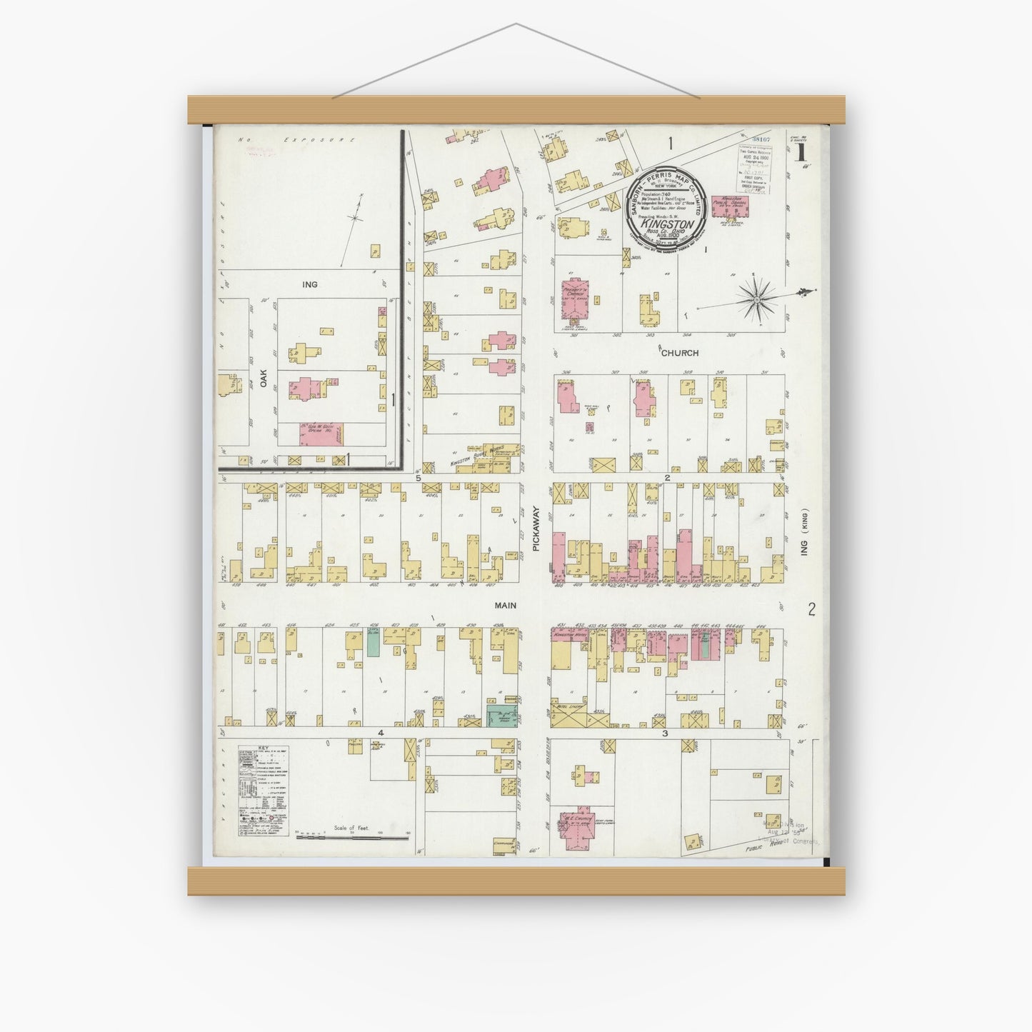 Old map wall art mockup — magnetic wood frame on white wall — Sanborn Fire Insurance Map from Kingston, Ross County, Ohio (1900) - Complete Map Set