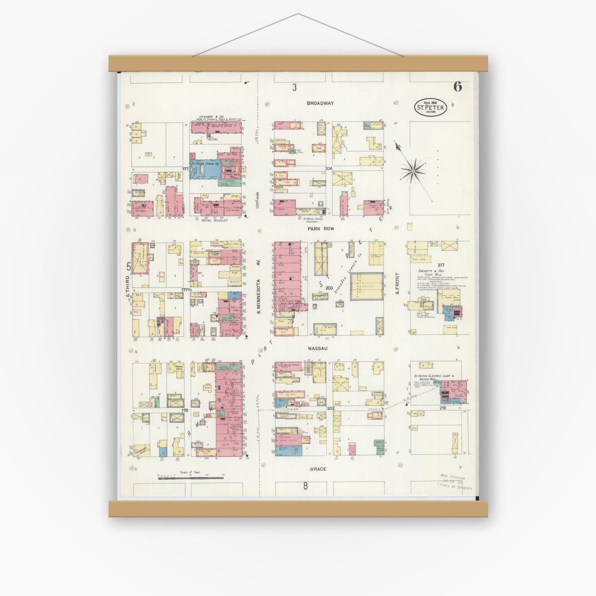 Old map wall art mockup — magnetic wood frame on white wall — Sanborn Fire Insurance Map from Saint Peter, Nicollet County, Minnesota (1908), Sheet #0006