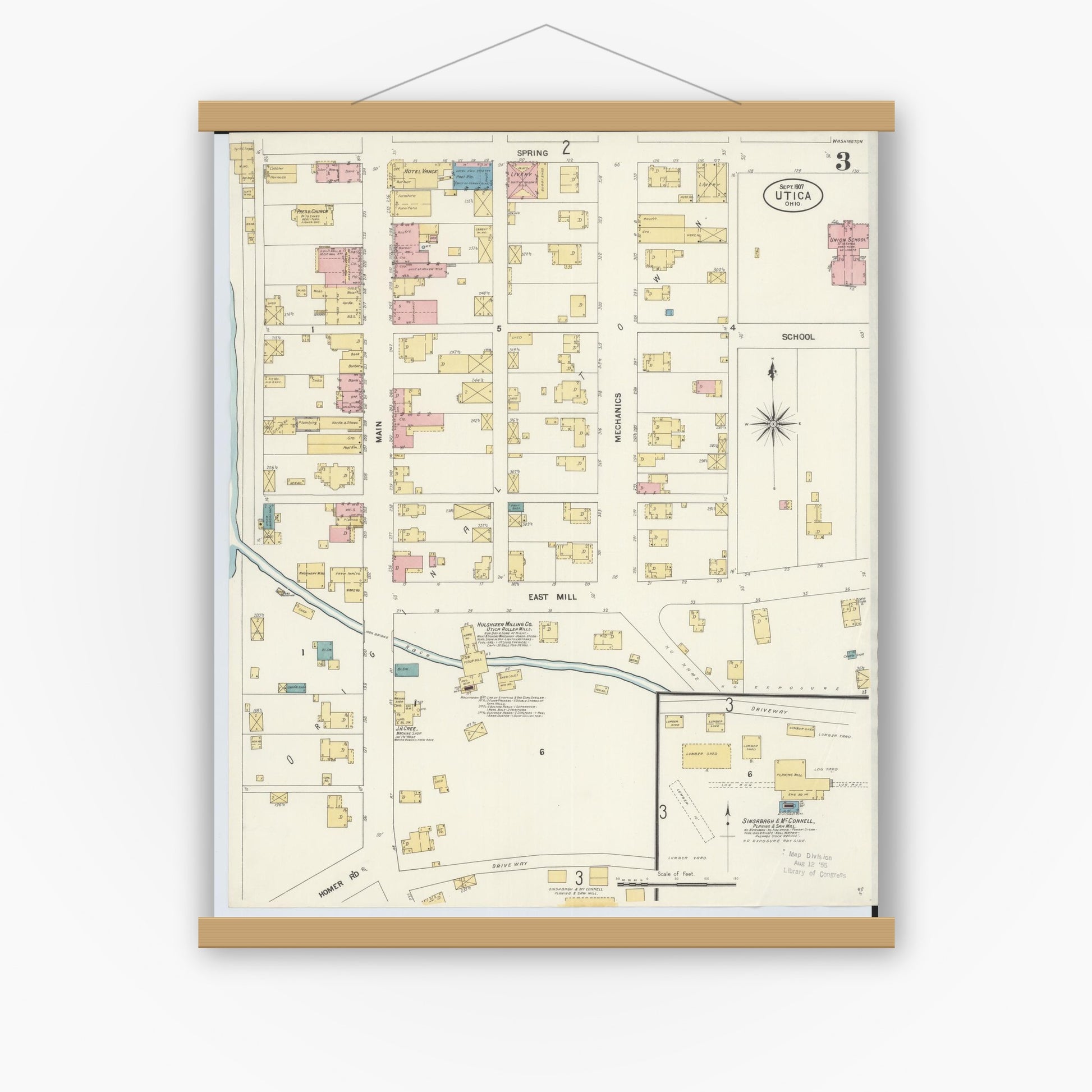 Old map wall art mockup — magnetic wood frame on white wall — Sanborn Fire Insurance Map from Utica, Licking County, Ohio (1907), Sheet #0003