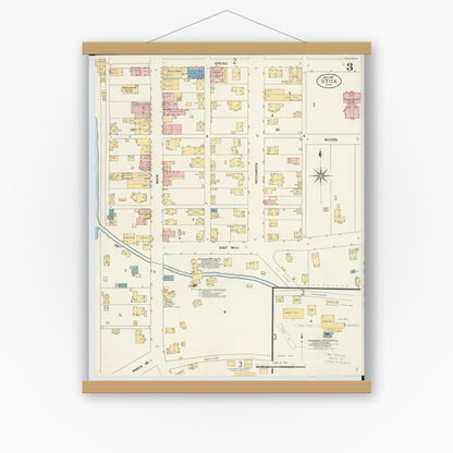 Old map wall art mockup — magnetic wood frame on white wall — Sanborn Fire Insurance Map from Utica, Licking County, Ohio (1907), Sheet #0003