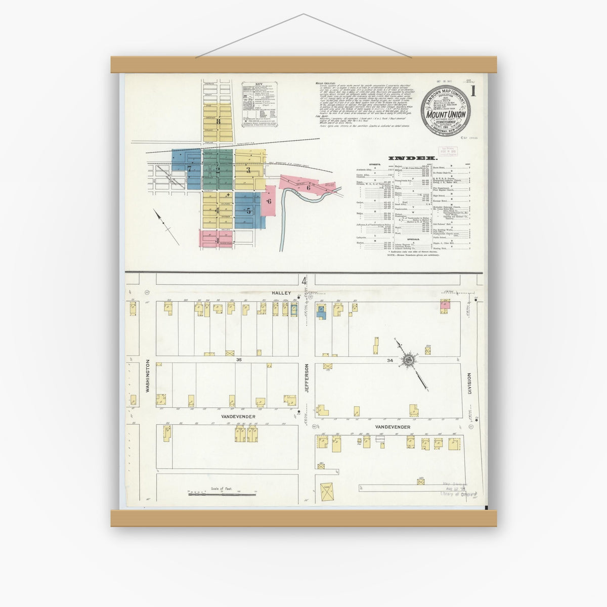 Old map wall art mockup — magnetic wood frame on white wall — Sanborn Fire Insurance Map from Mount Union, Huntingdon County, Pennsylvania (1911) - Complete Map Set