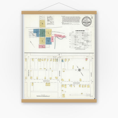Old map wall art mockup — magnetic wood frame on white wall — Sanborn Fire Insurance Map from Mount Union, Huntingdon County, Pennsylvania (1911) - Complete Map Set
