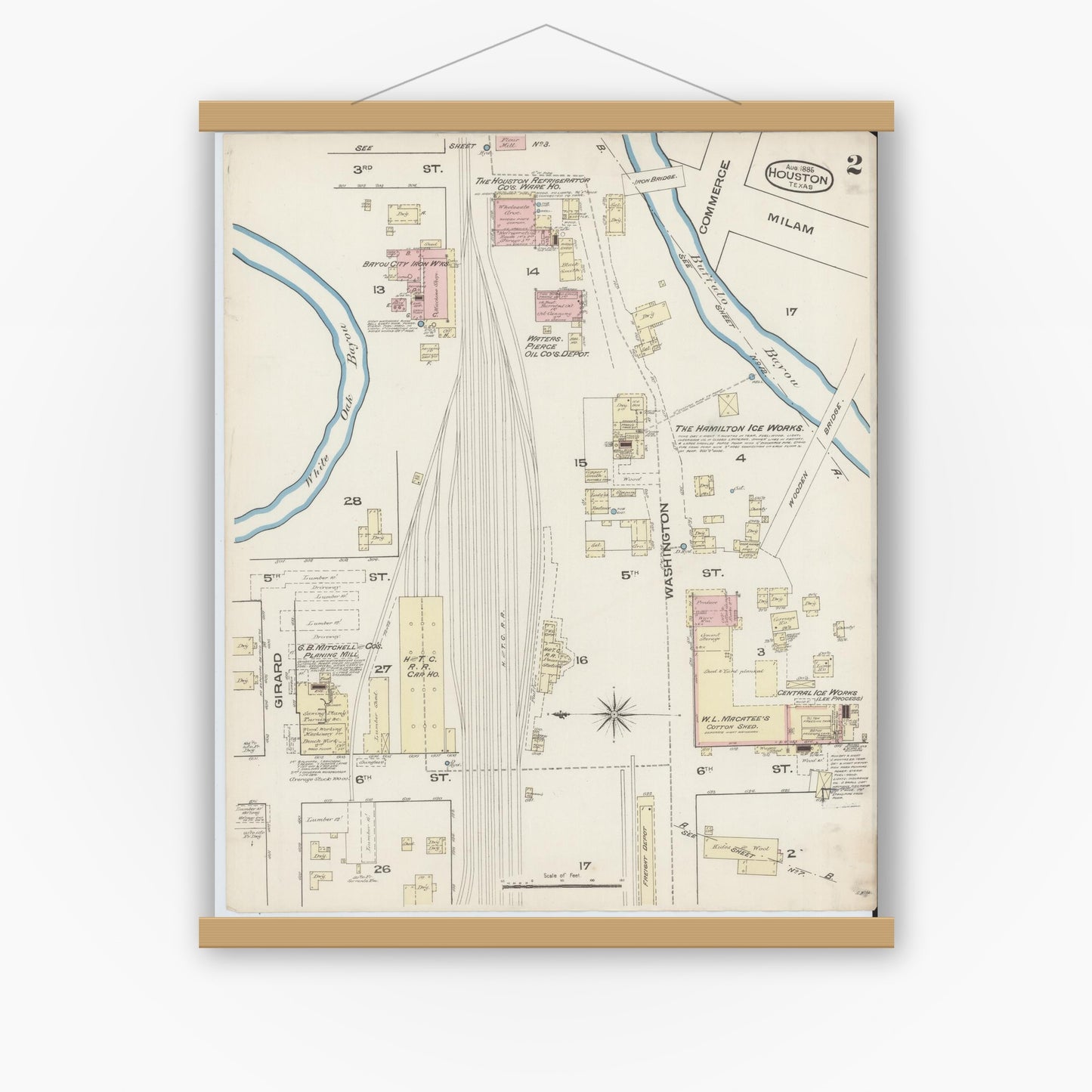 Old map wall art mockup — magnetic wood frame on white wall — Sanborn Fire Insurance Map from Houston, Harris County, Texas (1885), Sheet #0002
