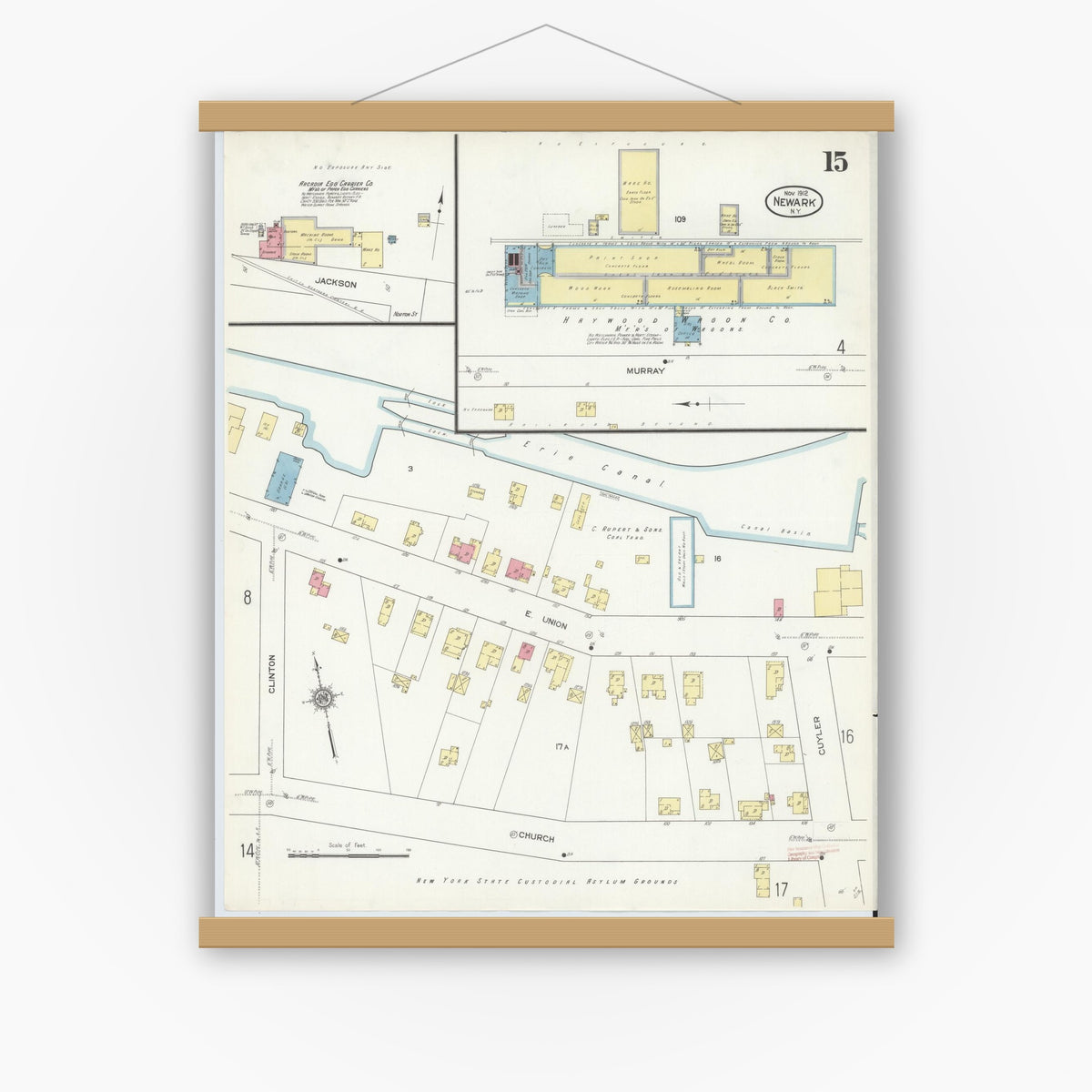 Old map wall art mockup — magnetic wood frame on white wall — Sanborn Fire Insurance Map from Newark, Wayne County, New York (1912), Sheet #0015