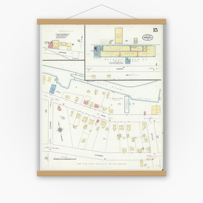 Old map wall art mockup — magnetic wood frame on white wall — Sanborn Fire Insurance Map from Newark, Wayne County, New York (1912), Sheet #0015
