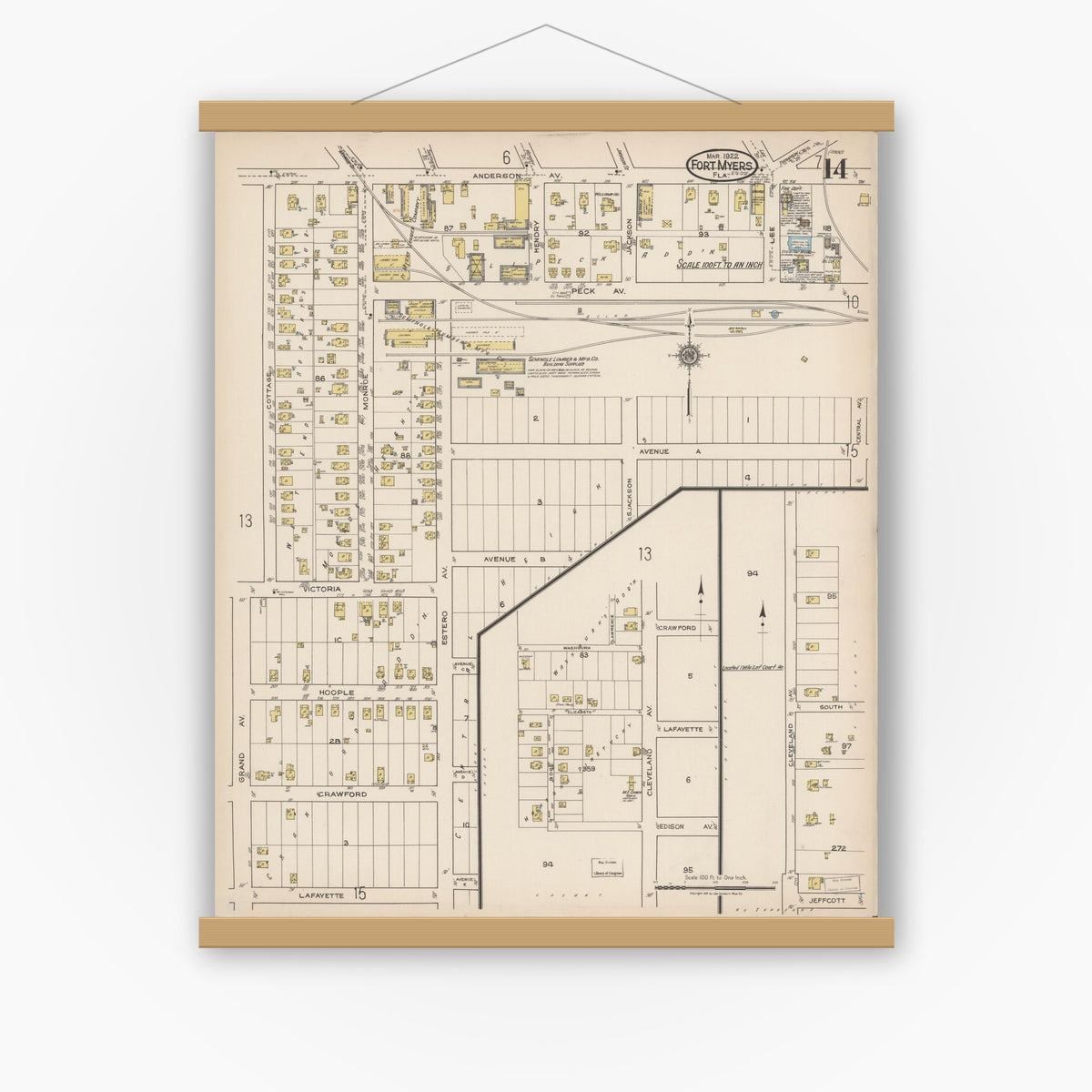 Old map wall art mockup — magnetic wood frame on white wall — Sanborn Fire Insurance Map from Fort Myers, Lee County, Florida (1922), Sheet #0014