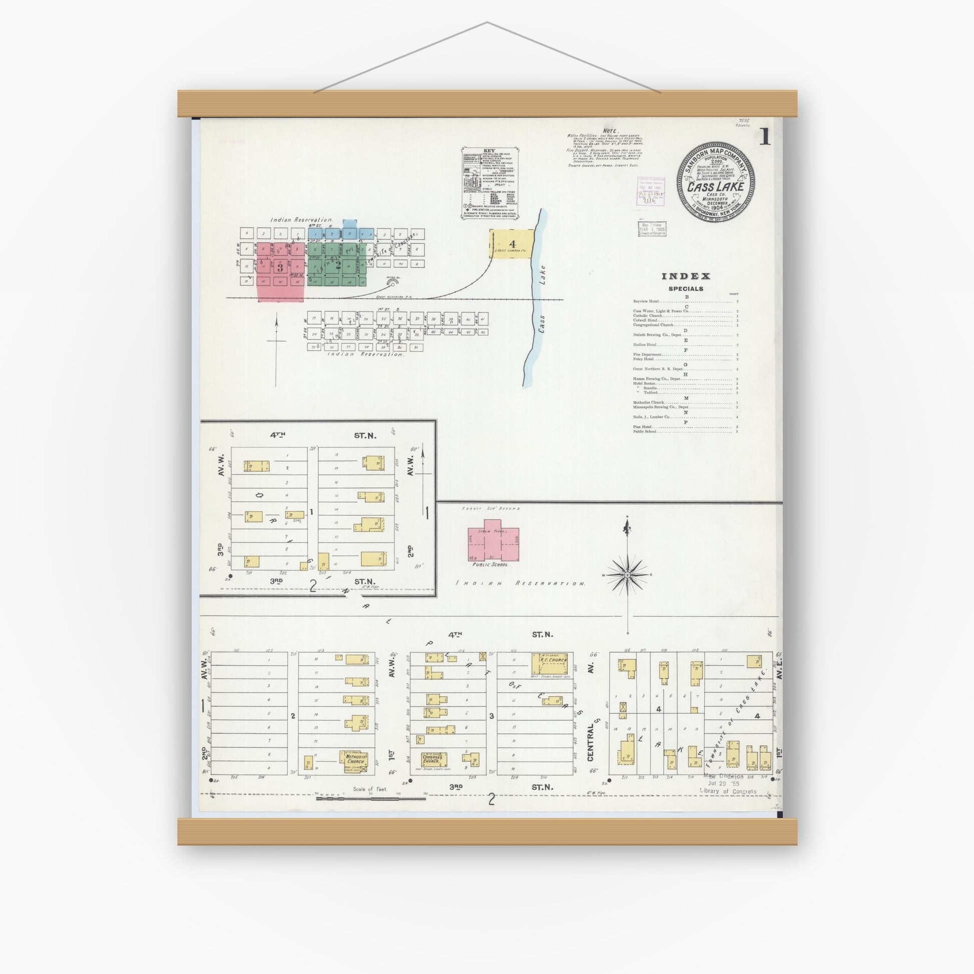Old map wall art mockup — magnetic wood frame on white wall — Sanborn Fire Insurance Map from Cass Lake, Cass County, Minnesota (1904) - Complete Map Set