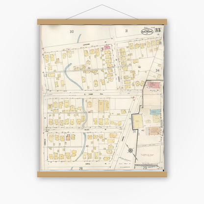 Old map wall art mockup — magnetic wood frame on white wall — Sanborn Fire Insurance Map from Burlingame, San Mateo County, California (1949), Sheet #0033