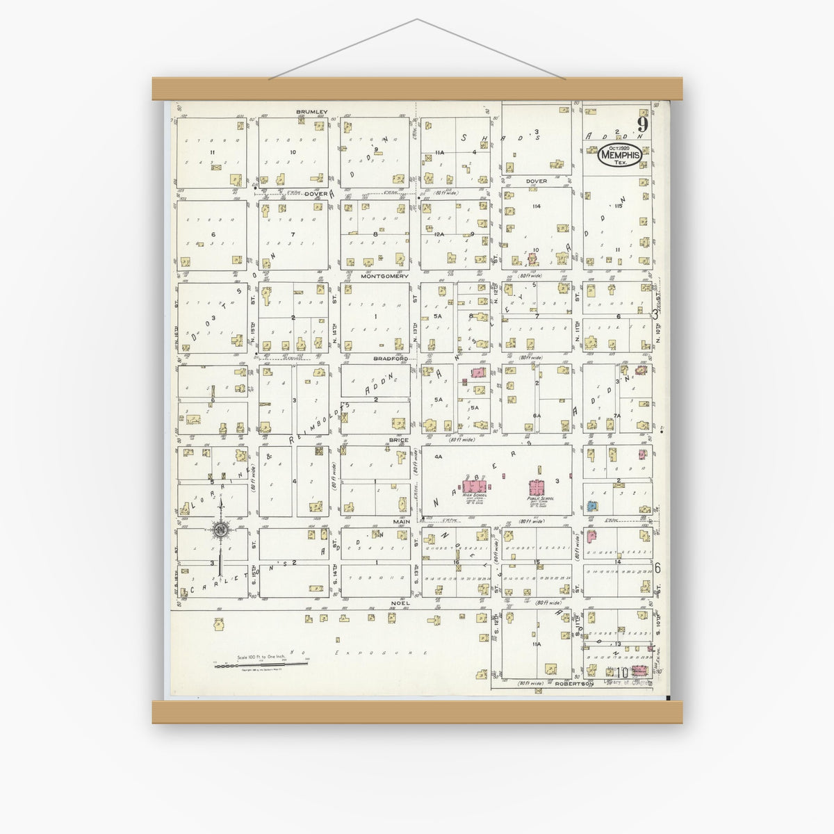 Old map wall art mockup — magnetic wood frame on white wall — Sanborn Fire Insurance Map from Memphis, Hall County, Texas (1920), Sheet #0009
