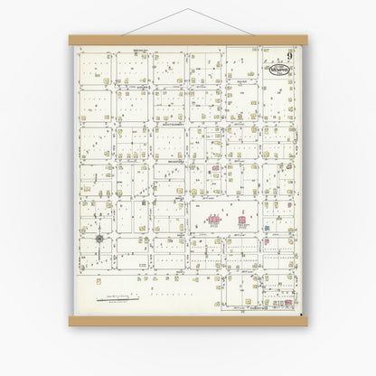 Old map wall art mockup — magnetic wood frame on white wall — Sanborn Fire Insurance Map from Memphis, Hall County, Texas (1920), Sheet #0009