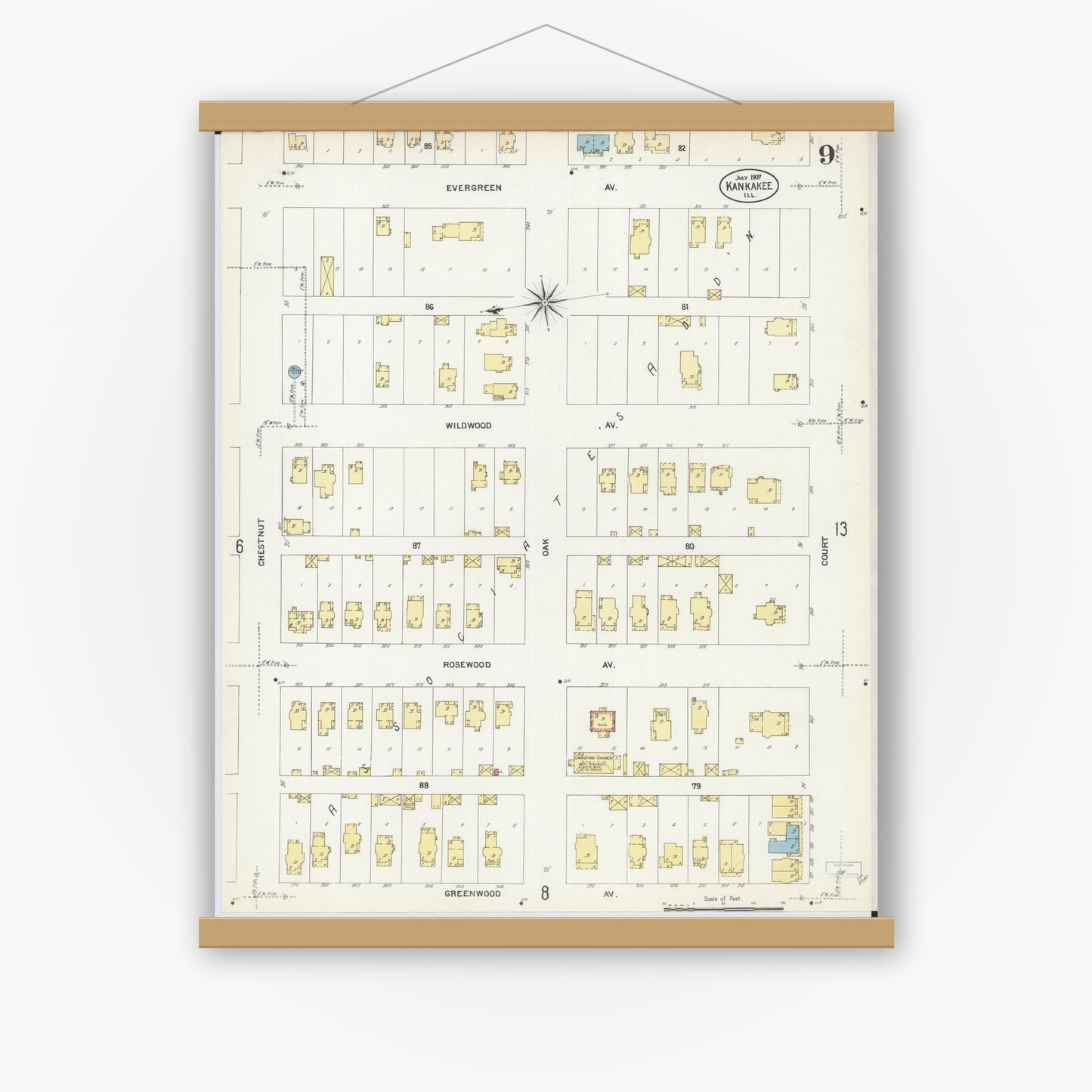 Old map wall art mockup — magnetic wood frame on white wall — Sanborn Fire Insurance Map from Kankakee, Kankakee County, Illinois (1907), Sheet #0009