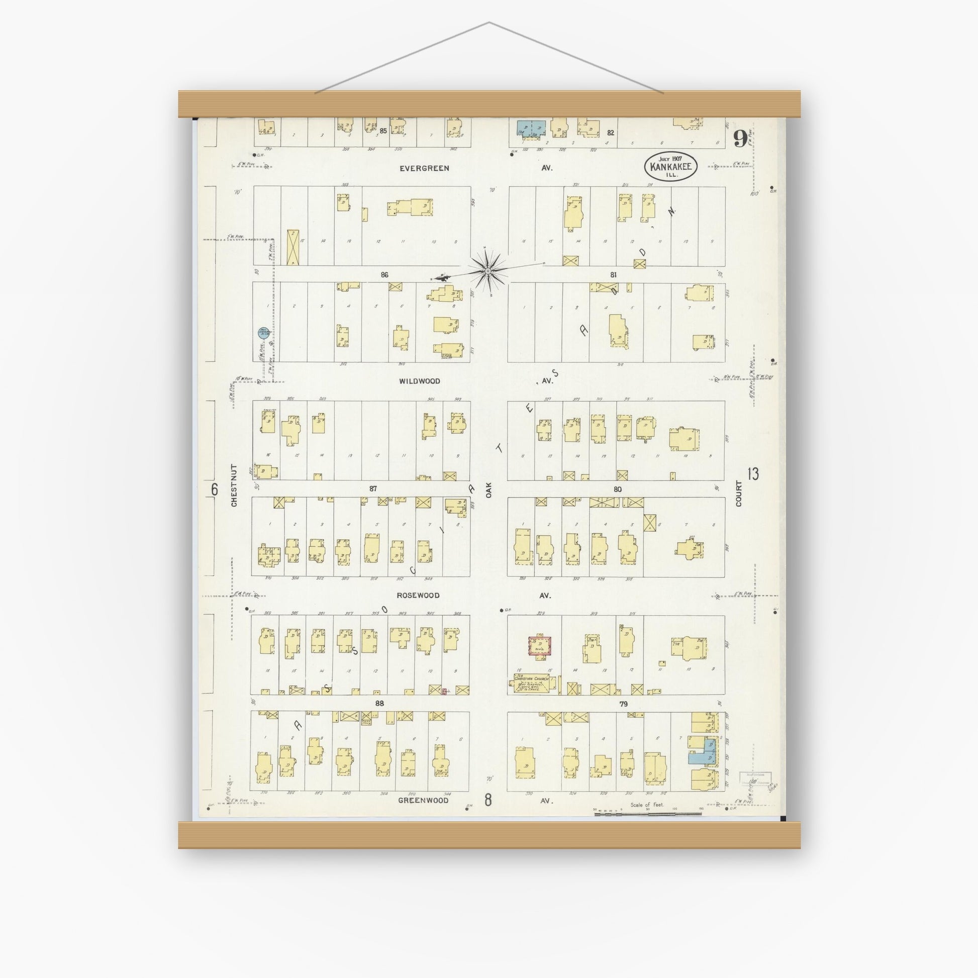 Old map wall art mockup — magnetic wood frame on white wall — Sanborn Fire Insurance Map from Kankakee, Kankakee County, Illinois (1907), Sheet #0009