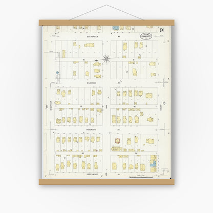Old map wall art mockup — magnetic wood frame on white wall — Sanborn Fire Insurance Map from Kankakee, Kankakee County, Illinois (1907), Sheet #0009