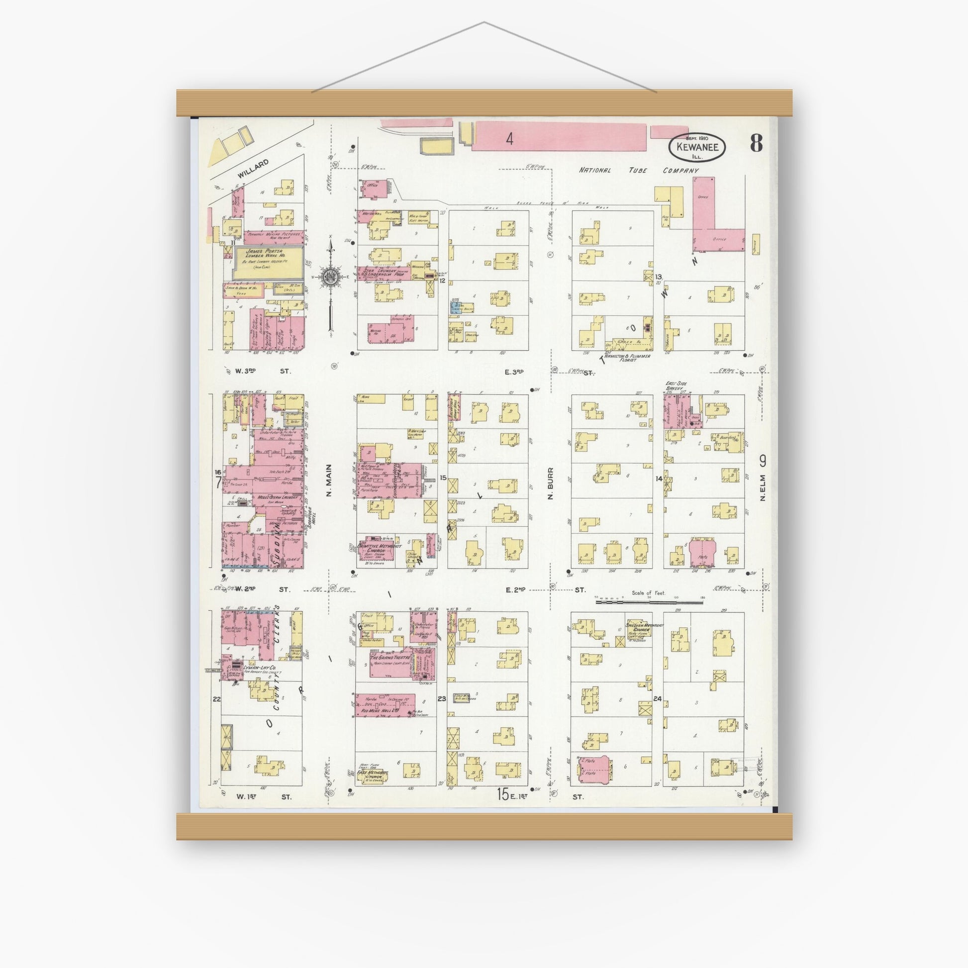 Old map wall art mockup — magnetic wood frame on white wall — Sanborn Fire Insurance Map from Kewanee, Henry County, Illinois (1910), Sheet #0008