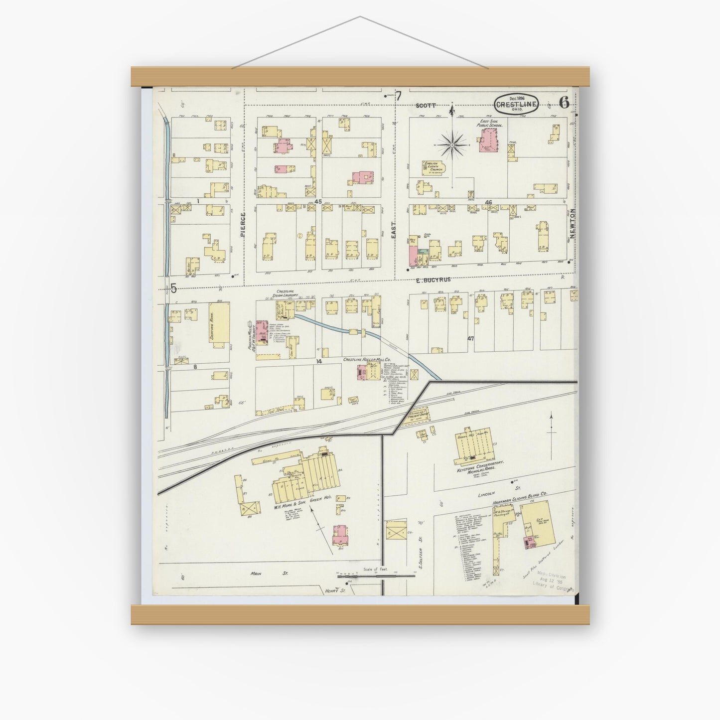 Old map wall art mockup — magnetic wood frame on white wall — Sanborn Fire Insurance Map from Crestline, Crawford County, Ohio (1896), Sheet #0006