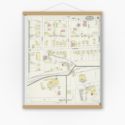 Old map wall art mockup — magnetic wood frame on white wall — Sanborn Fire Insurance Map from Crestline, Crawford County, Ohio (1896), Sheet #0006