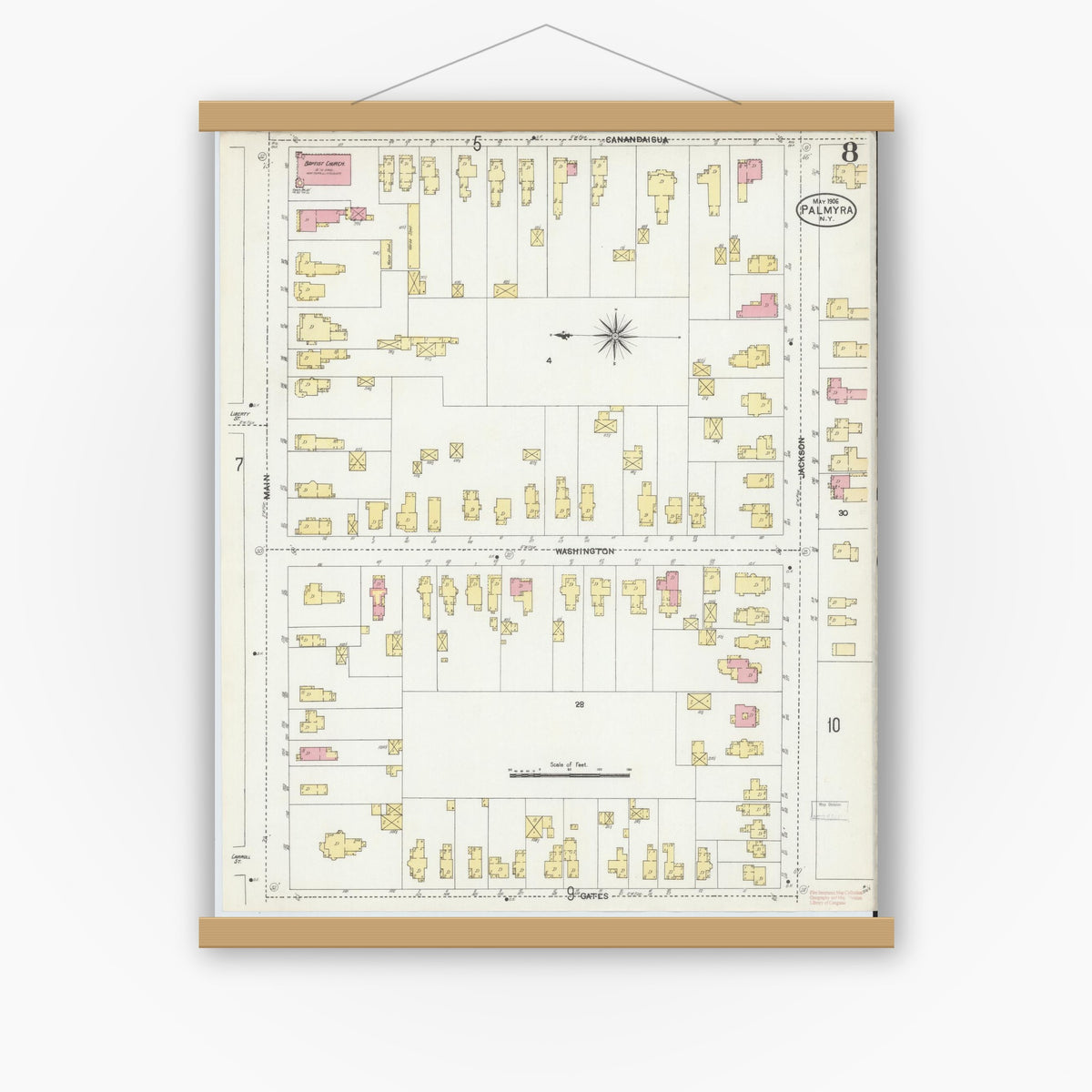 Old map wall art mockup — magnetic wood frame on white wall — Sanborn Fire Insurance Map from Palmyra, Wayne County, New York (1906), Sheet #0008