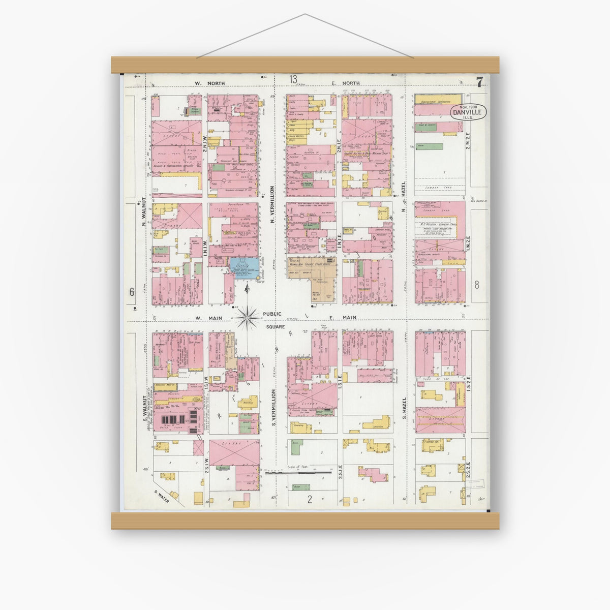 Old map wall art mockup — magnetic wood frame on white wall — Sanborn Fire Insurance Map from Danville, Vermilion County, Illinois (1900), Sheet #0007