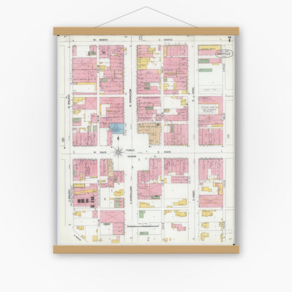 Old map wall art mockup — magnetic wood frame on white wall — Sanborn Fire Insurance Map from Danville, Vermilion County, Illinois (1900), Sheet #0007