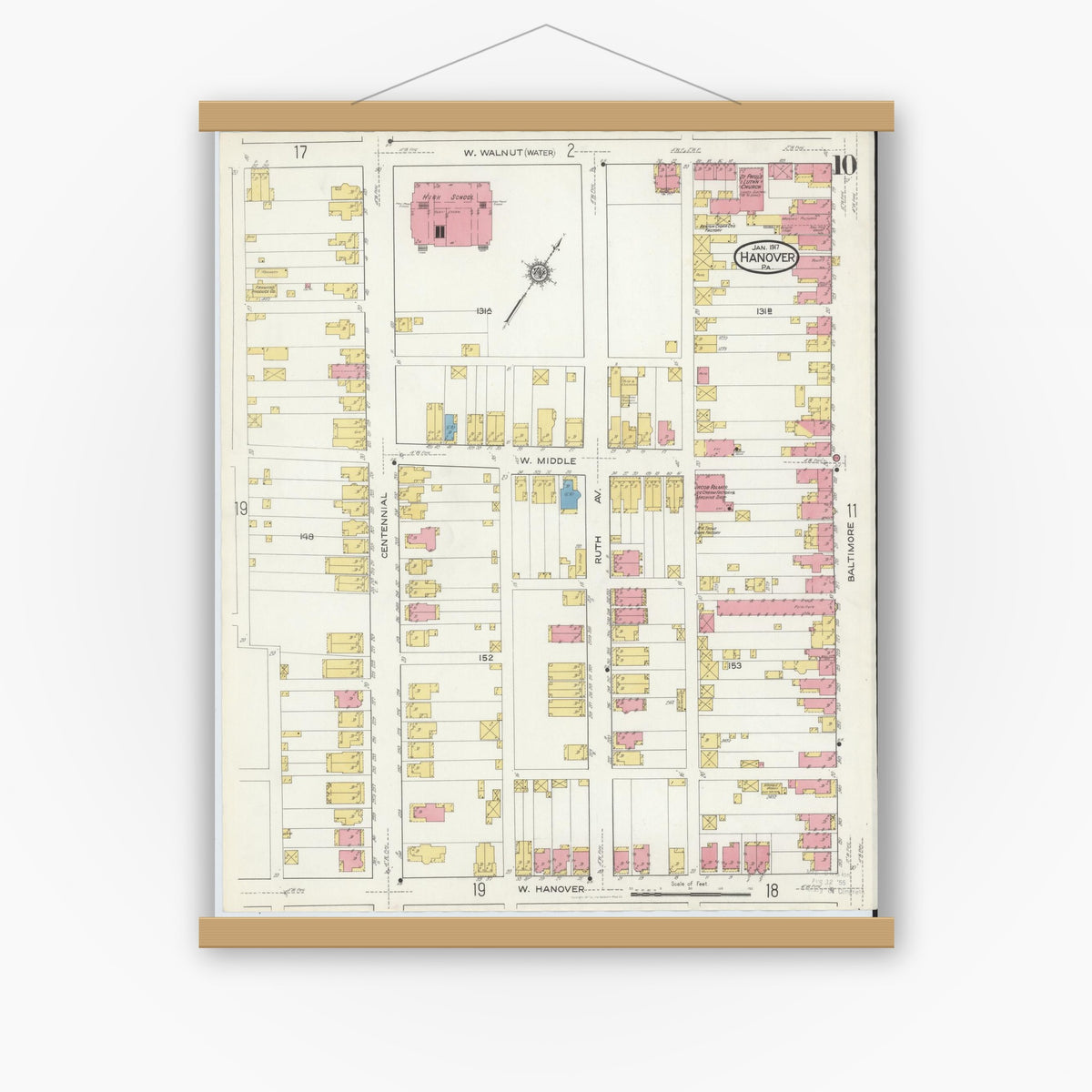 Old map wall art mockup — magnetic wood frame on white wall — Sanborn Fire Insurance Map from Hanover, York County, Pennsylvania (1917), Sheet #0010