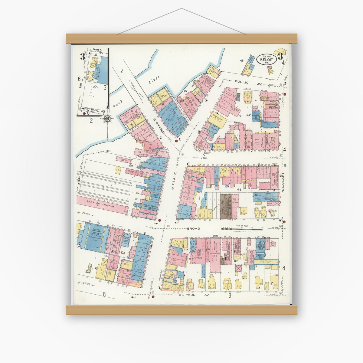 Old map wall art mockup — magnetic wood frame on white wall — Sanborn Fire Insurance Map from Beloit, Rock County, Wisconsin (1926), Sheet #0003