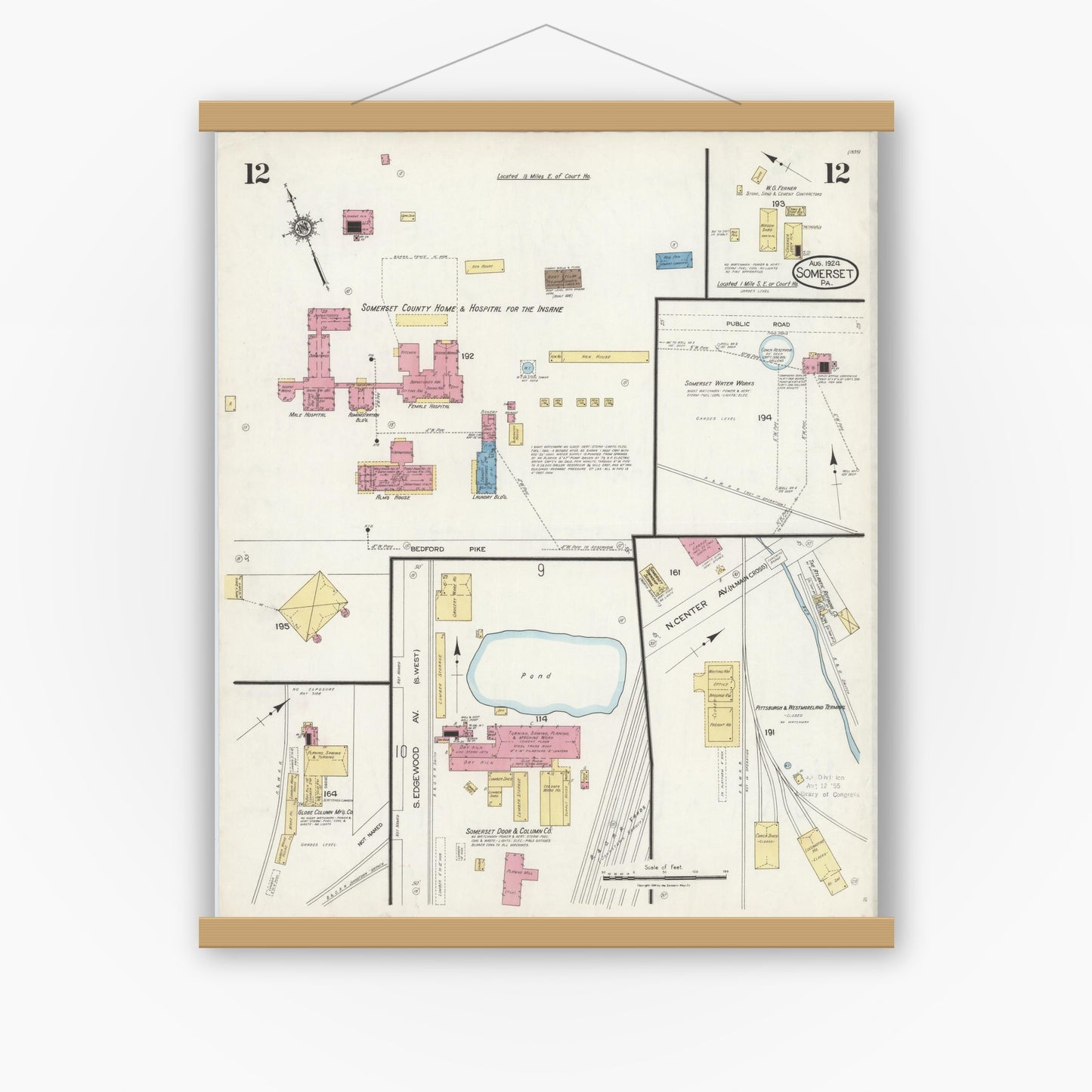 Old map wall art mockup — magnetic wood frame on white wall — Sanborn Fire Insurance Map from Somerset, Somerset County, Pennsylvania (1924), Sheet #0012