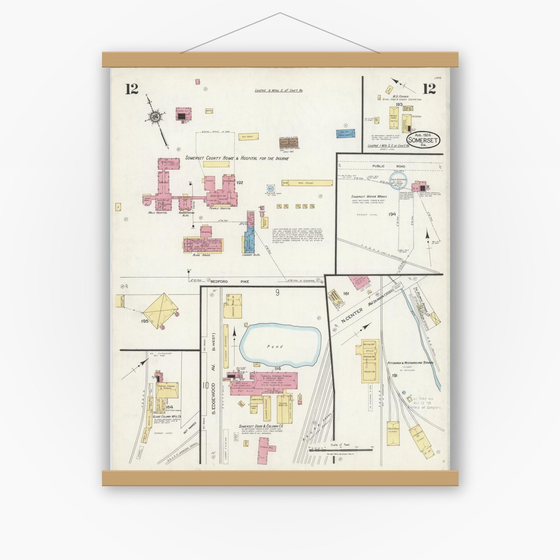 Old map wall art mockup — magnetic wood frame on white wall — Sanborn Fire Insurance Map from Somerset, Somerset County, Pennsylvania (1924), Sheet #0012