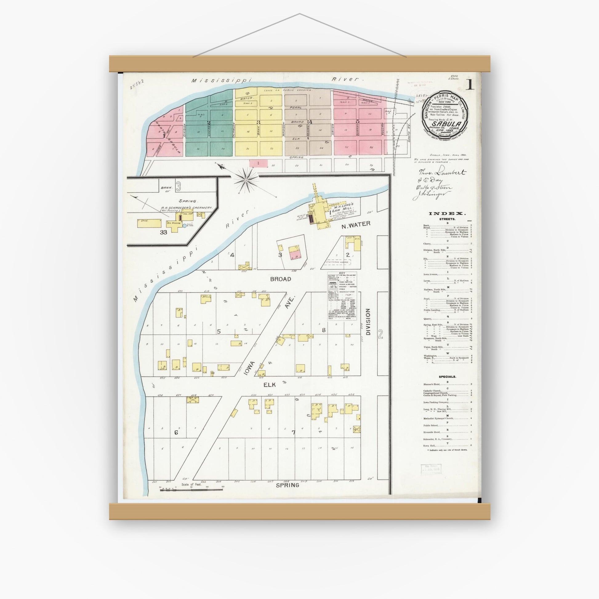 Old map wall art mockup — magnetic wood frame on white wall — Sanborn Fire Insurance Map from Sabula, Jackson County, Iowa (1893) â€” Complete Set