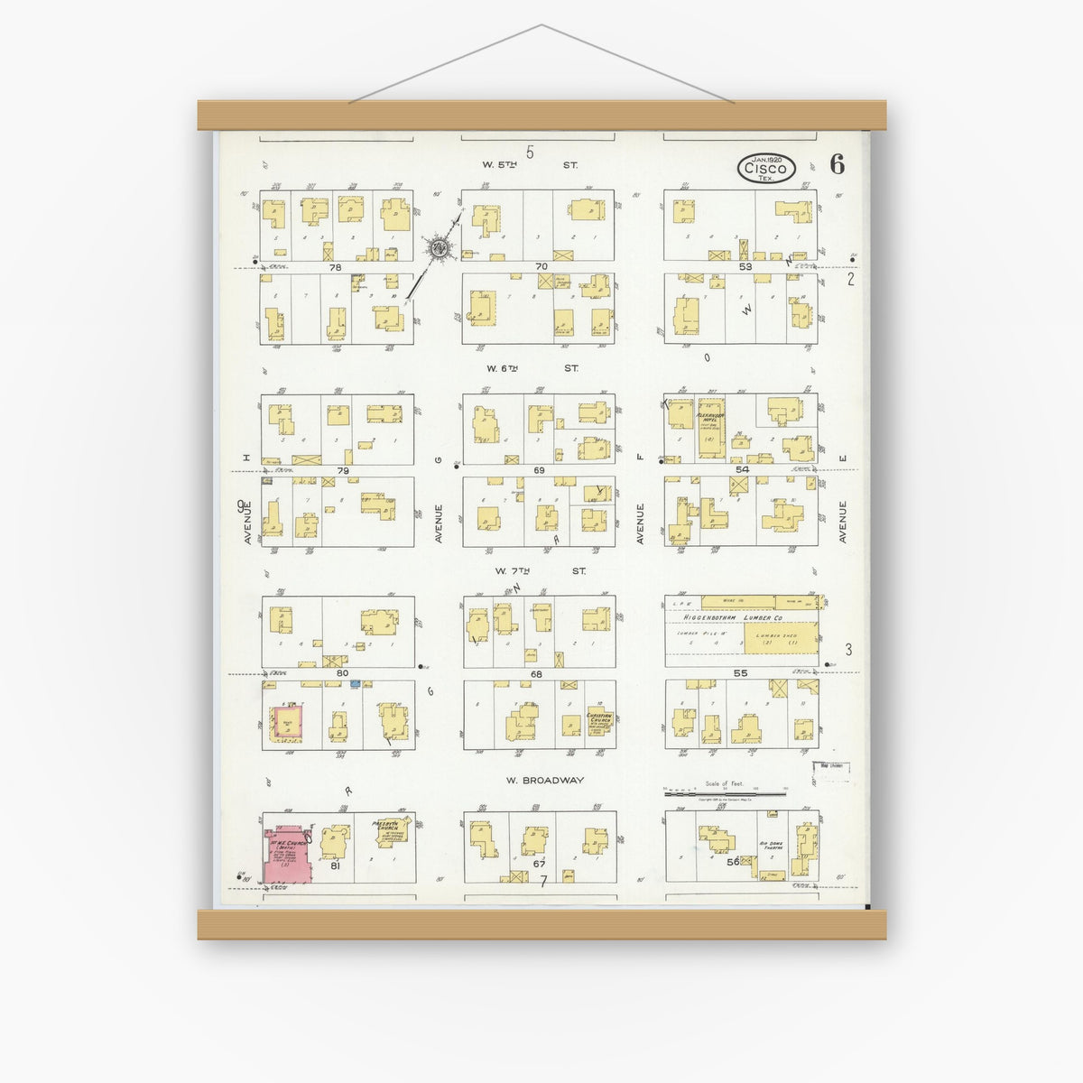 Old map wall art mockup — magnetic wood frame on white wall — Sanborn Fire Insurance Map from Cisco, Eastland County, Texas (1920), Sheet #0006