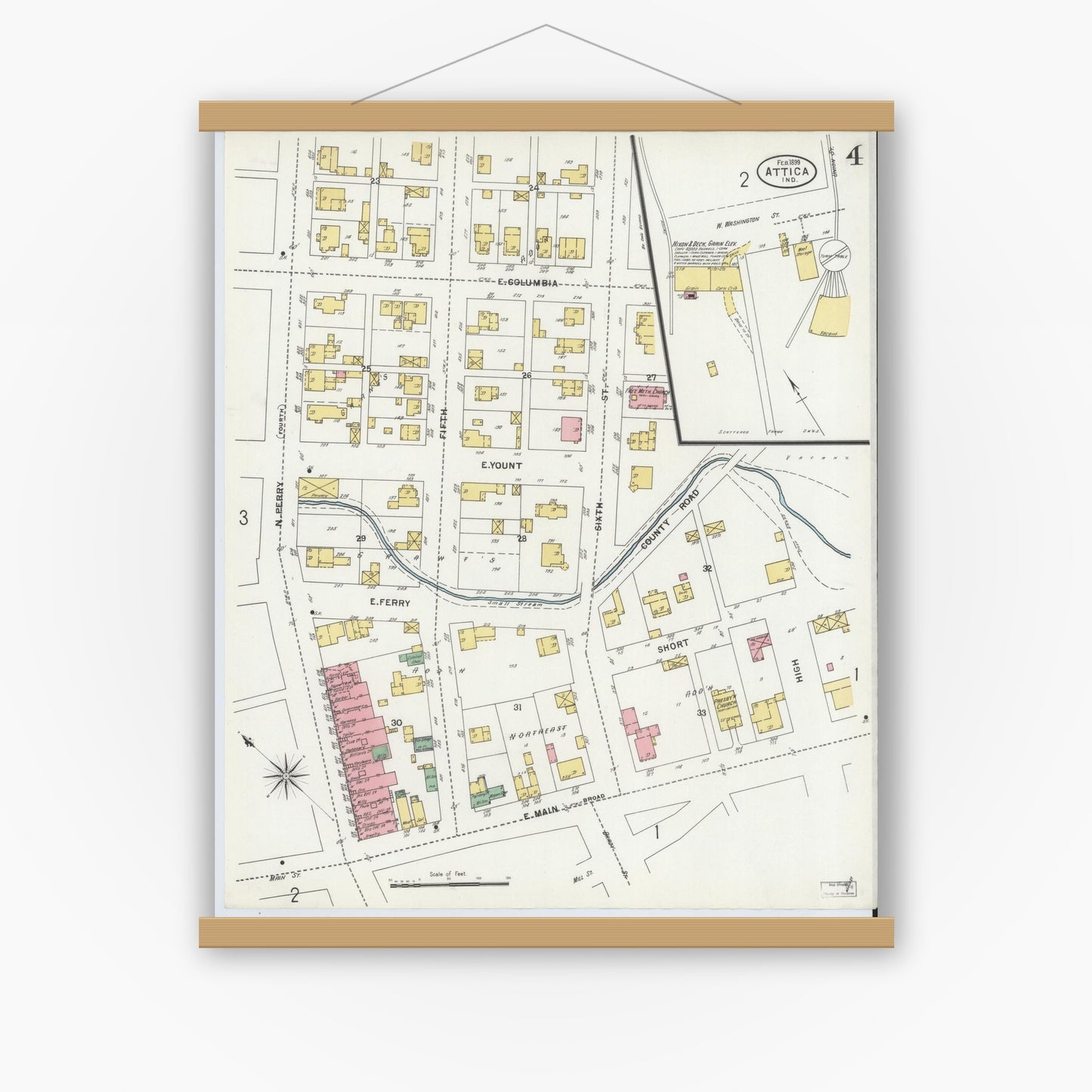 Old map wall art mockup — magnetic wood frame on white wall — Sanborn Fire Insurance Map from Attica, Fountain County, Indiana (1899), Sheet #0004