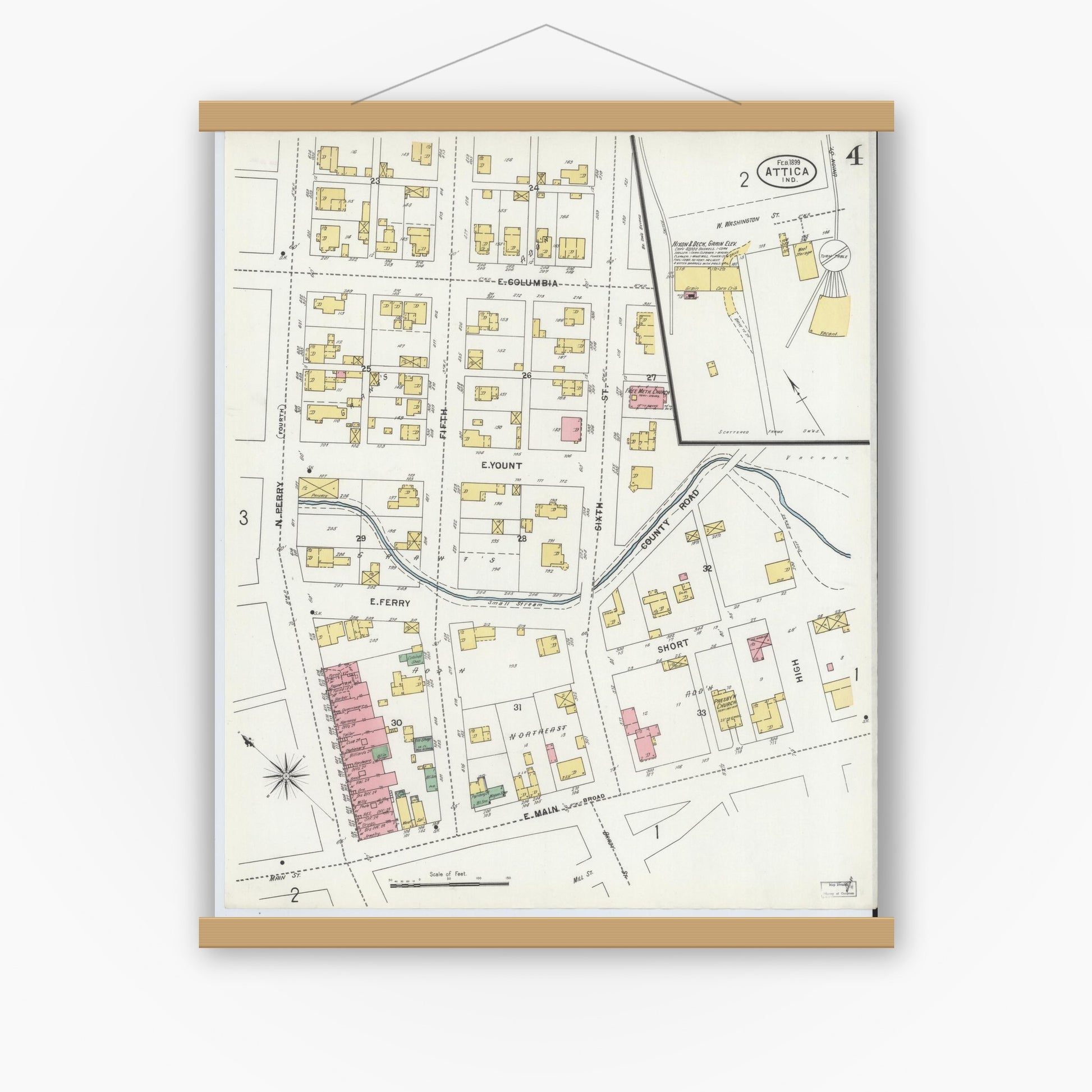 Old map wall art mockup — magnetic wood frame on white wall — Sanborn Fire Insurance Map from Attica, Fountain County, Indiana (1899), Sheet #0004