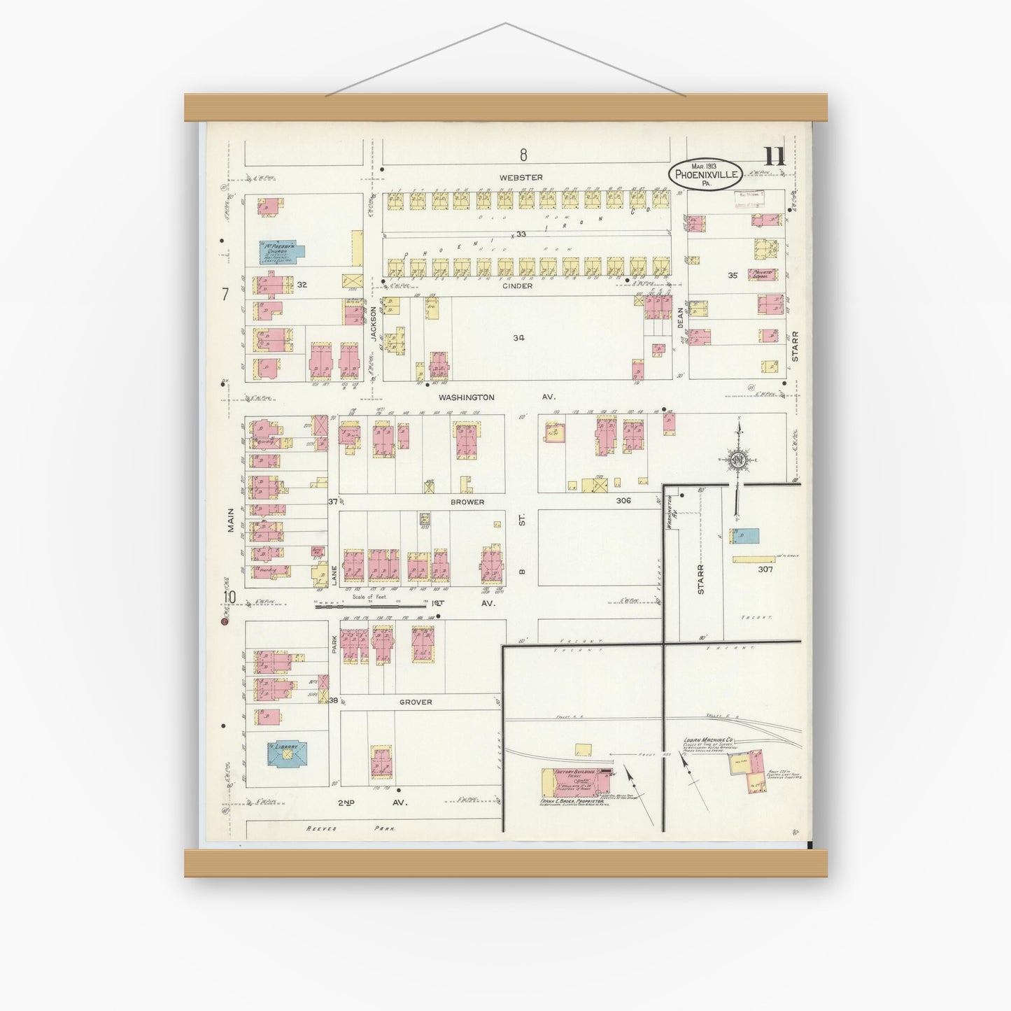 Old map wall art mockup — magnetic wood frame on white wall — Sanborn Fire Insurance Map from Phoenixville, Chester County, Pennsylvania (1913), Sheet #0011