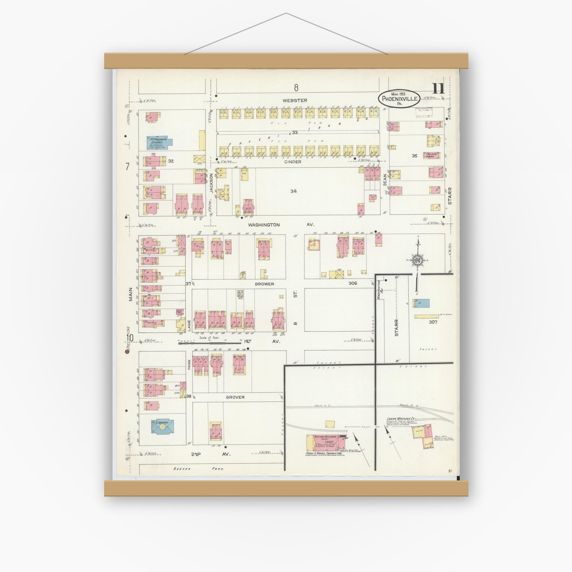 Old map wall art mockup — magnetic wood frame on white wall — Sanborn Fire Insurance Map from Phoenixville, Chester County, Pennsylvania (1913), Sheet #0011