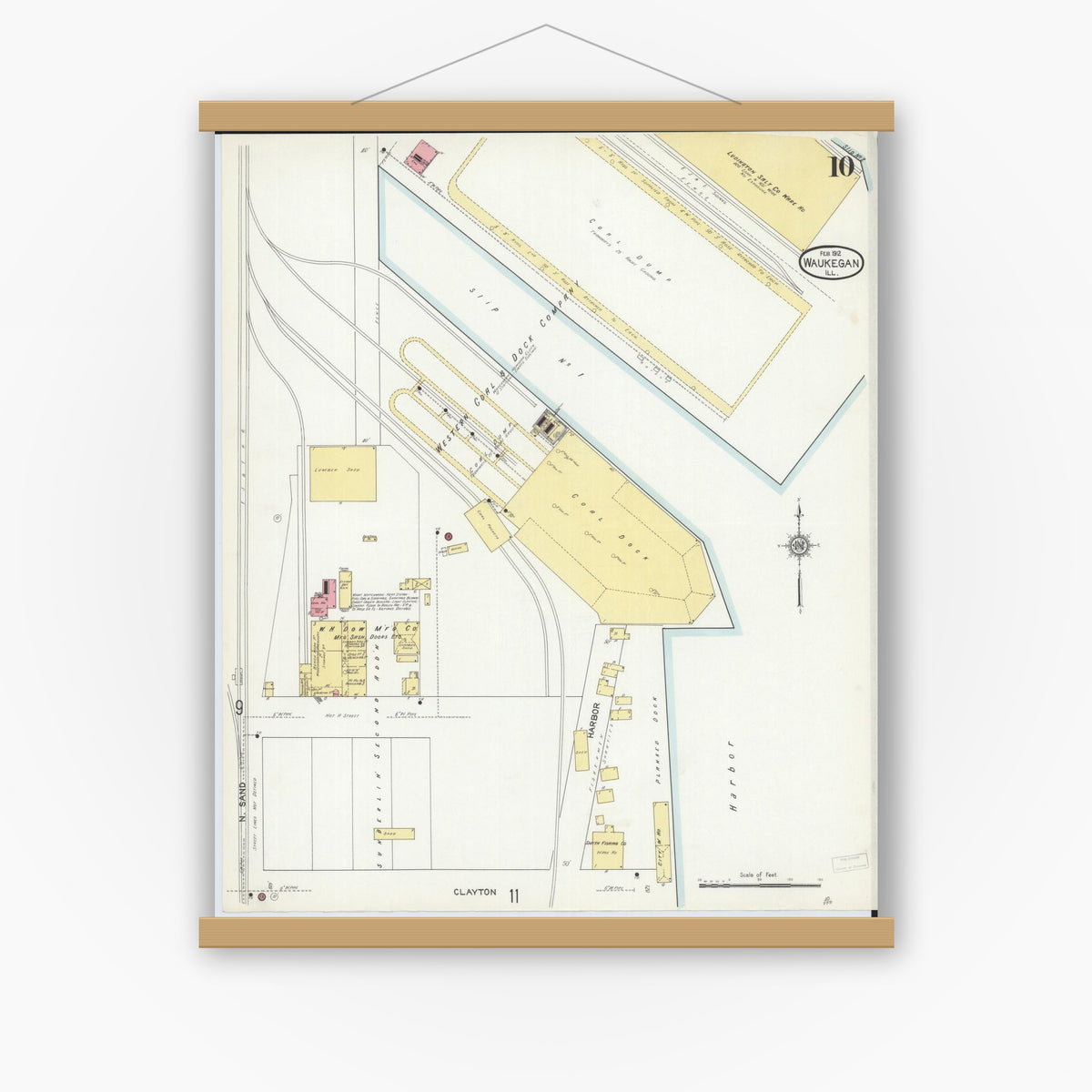 Old map wall art mockup — magnetic wood frame on white wall — Sanborn Fire Insurance Map from Waukegan, Lake County, Illinois (1912), Sheet #0010