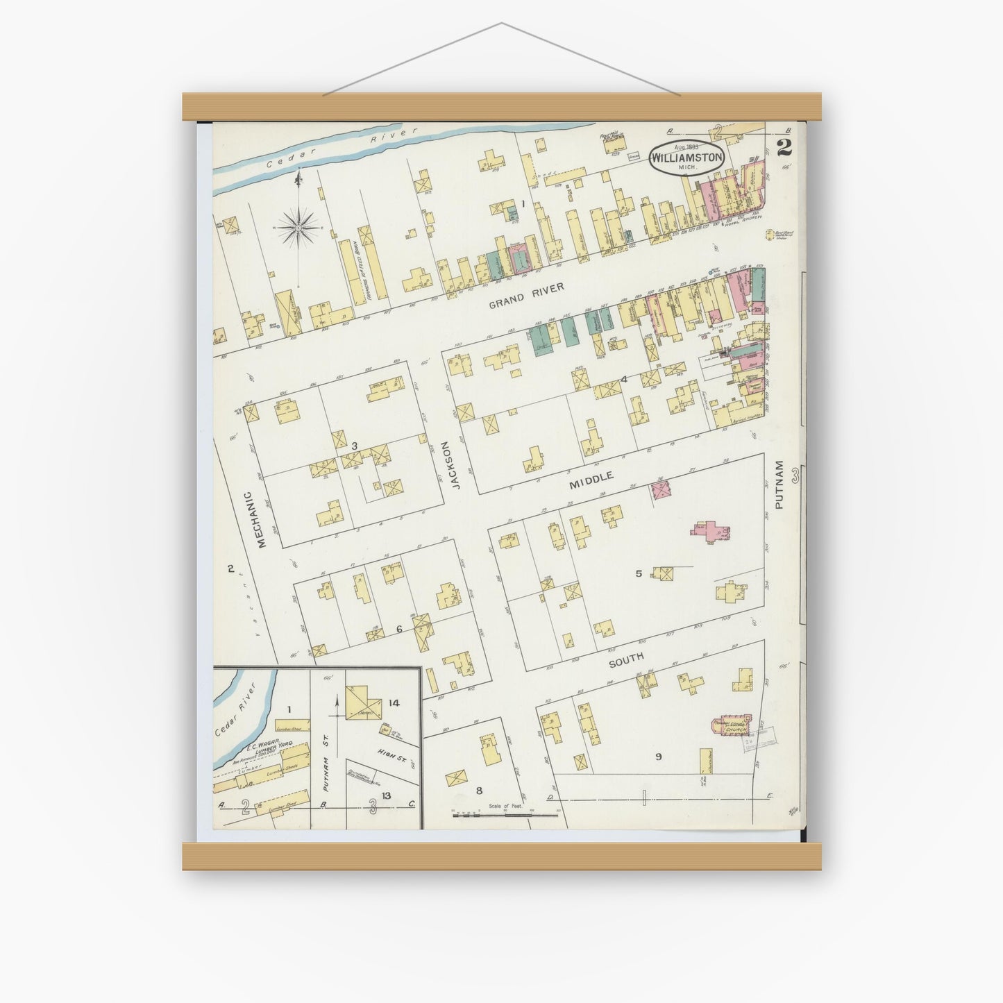 Old map wall art mockup — magnetic wood frame on white wall — Sanborn Fire Insurance Map from Williamston, Ingham County, Michigan (1893), Sheet #0002