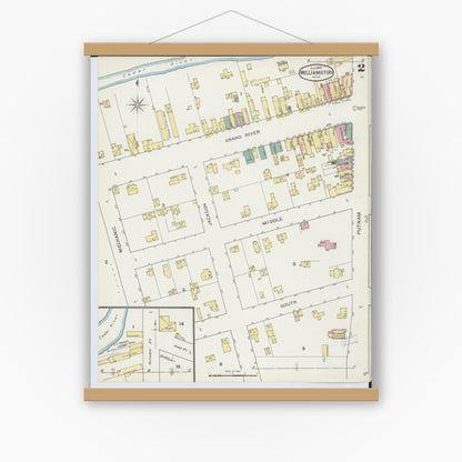 Old map wall art mockup — magnetic wood frame on white wall — Sanborn Fire Insurance Map from Williamston, Ingham County, Michigan (1893), Sheet #0002