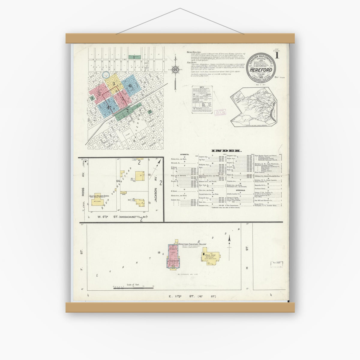 Old map wall art mockup — magnetic wood frame on white wall — Sanborn Fire Insurance Map from Hereford, Deaf Smith County, Texas (1913), Sheet #0001
