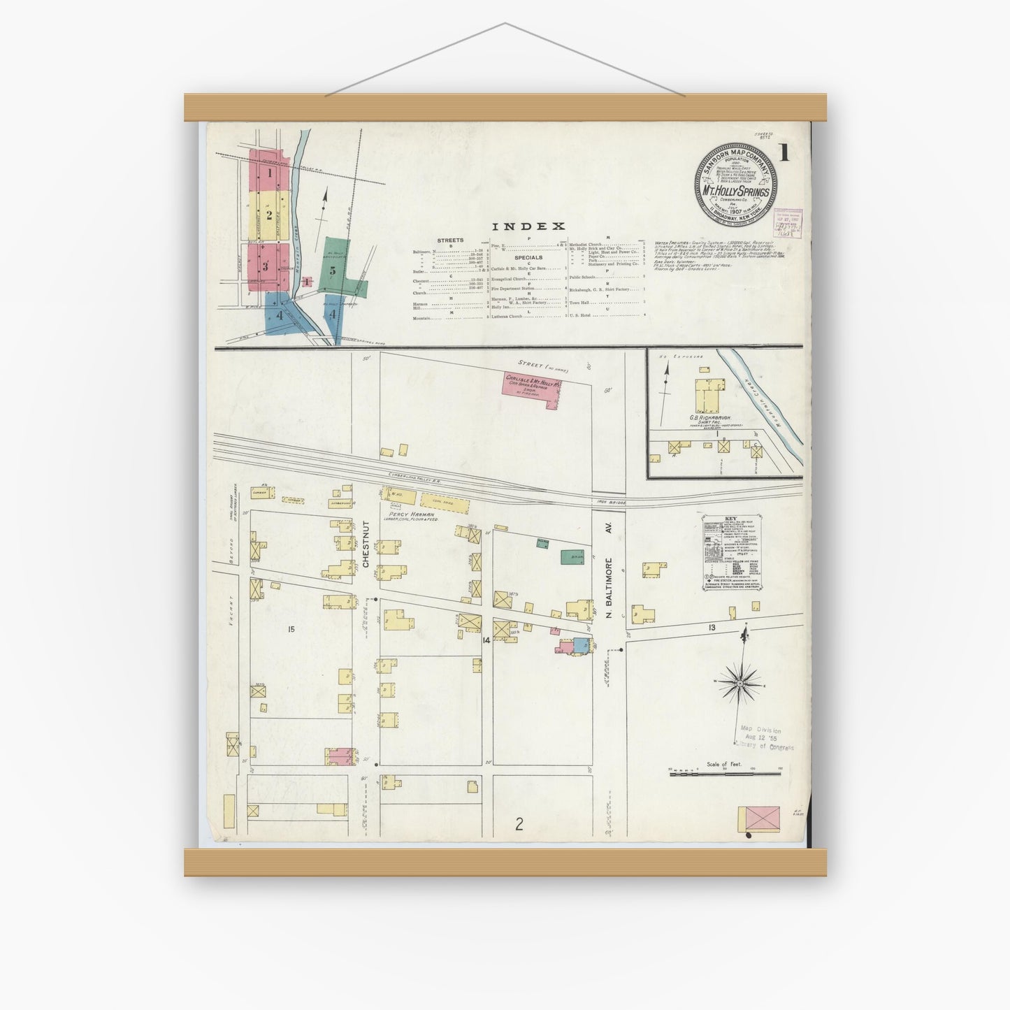Old map wall art mockup — magnetic wood frame on white wall — Sanborn Fire Insurance Map from Mount Holly Springs, Cumberland County, Pennsylvania (1907), Sheet #0001