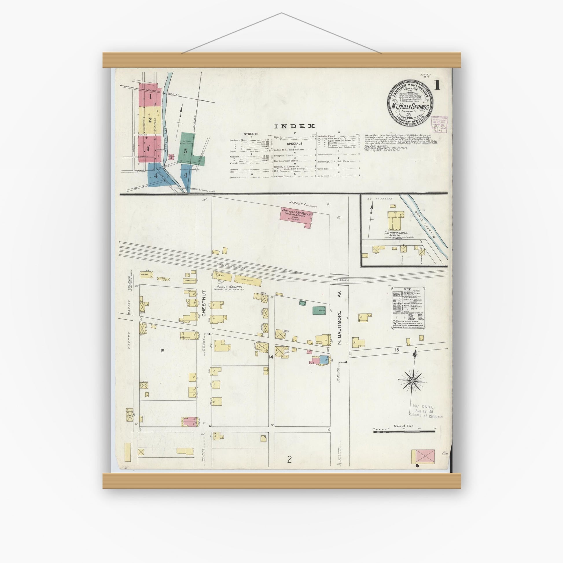 Old map wall art mockup — magnetic wood frame on white wall — Sanborn Fire Insurance Map from Mount Holly Springs, Cumberland County, Pennsylvania (1907), Sheet #0001