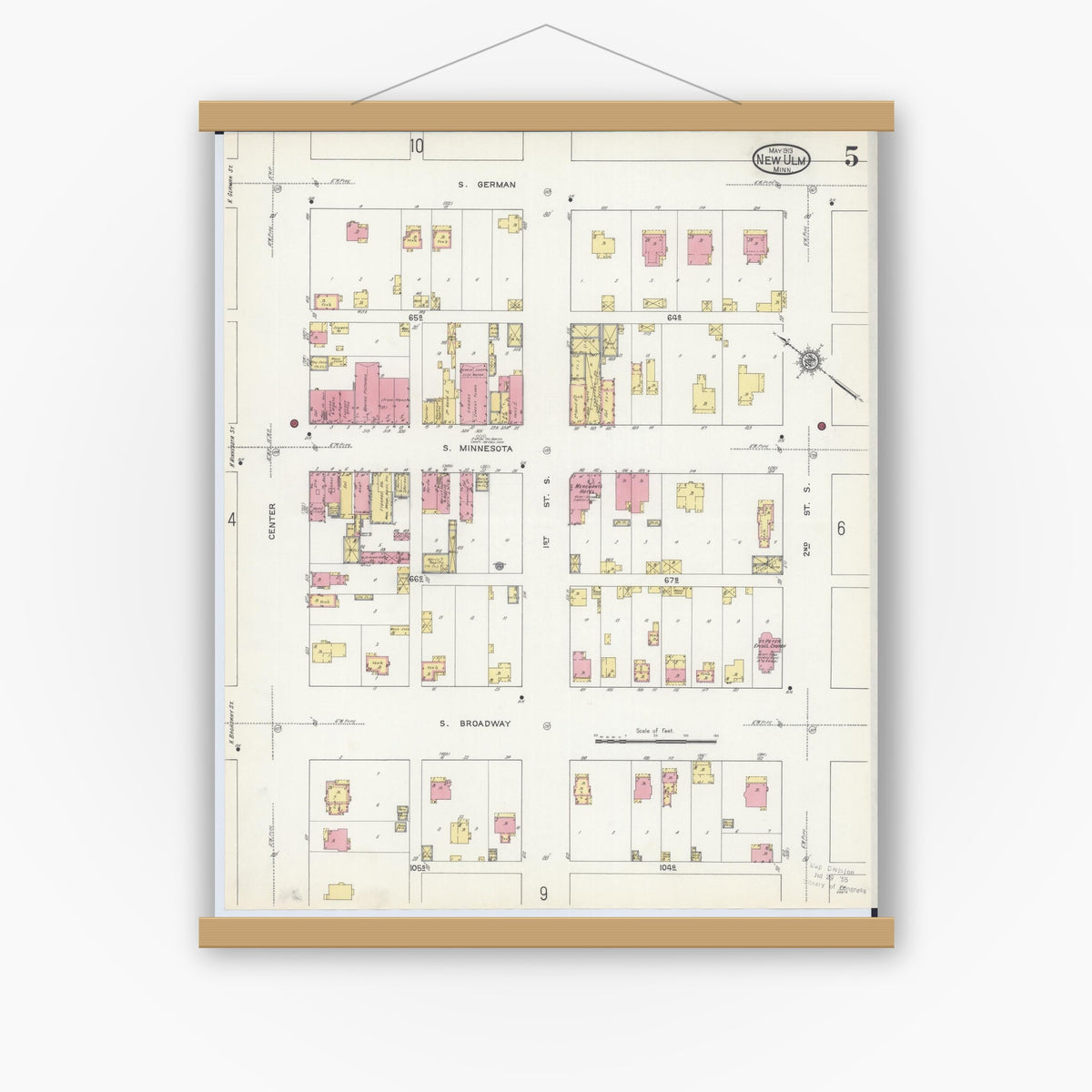 Old map wall art mockup — magnetic wood frame on white wall — Sanborn Fire Insurance Map from New Ulm, Brown County, Minnesota (1913), Sheet #0005
