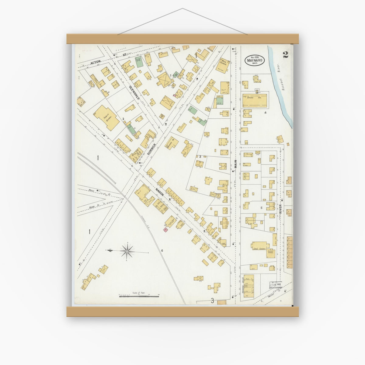 Old map wall art mockup — magnetic wood frame on white wall — Sanborn Fire Insurance Map from Maynard, Middlesex County, Massachusetts (1899), Sheet #0002