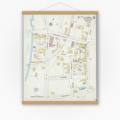 Old map wall art mockup — magnetic wood frame on white wall — Sanborn Fire Insurance Map from Flushing, Queens County, New York (1897), Sheet #0003