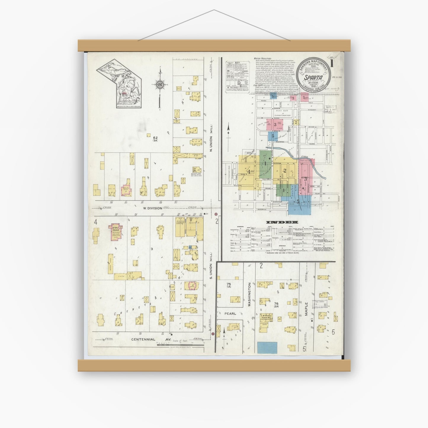 Old map wall art mockup — magnetic wood frame on white wall — Sanborn Fire Insurance Map from Sparta, Kent County, Michigan (1918) - Complete Map Set