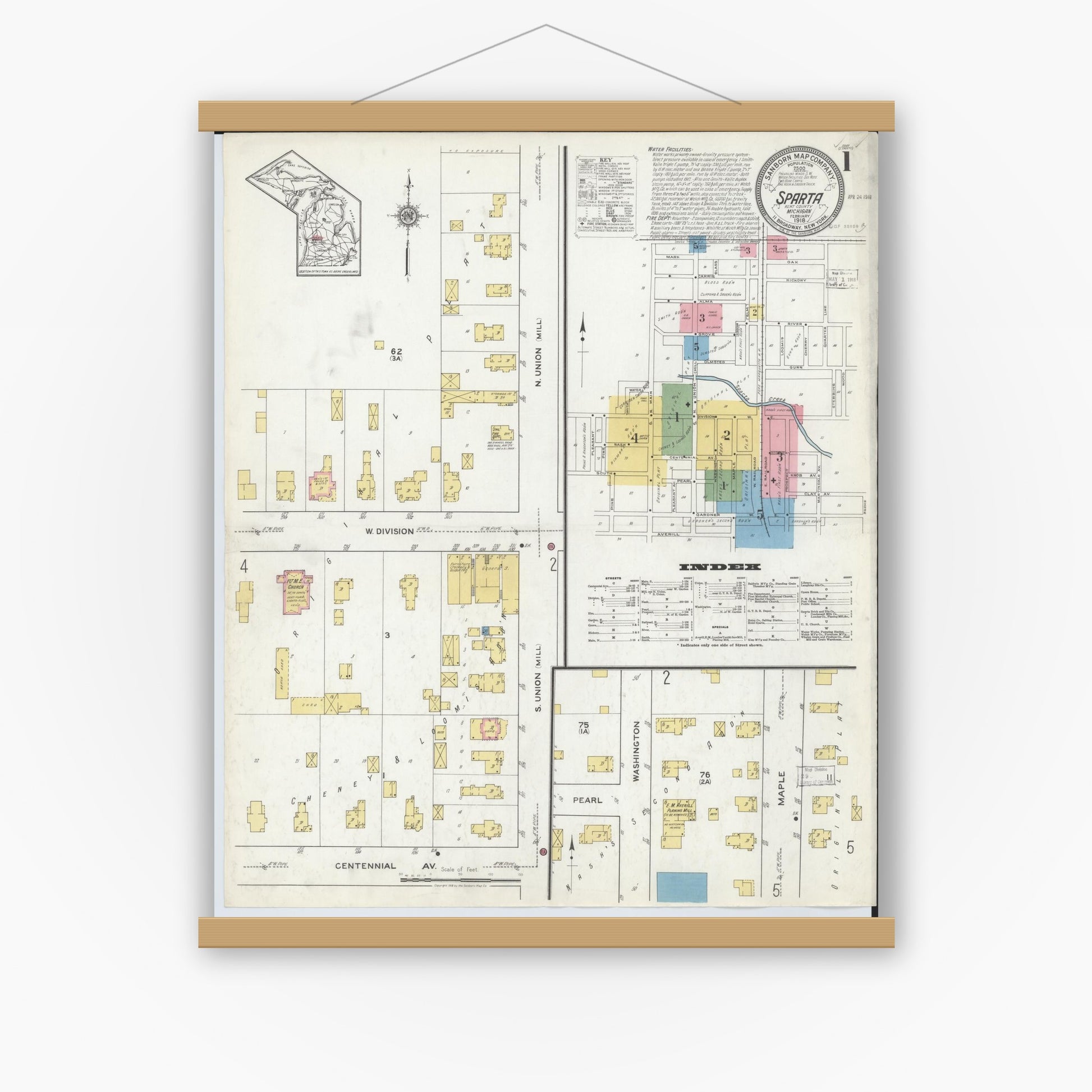 Old map wall art mockup — magnetic wood frame on white wall — Sanborn Fire Insurance Map from Sparta, Kent County, Michigan (1918) - Complete Map Set