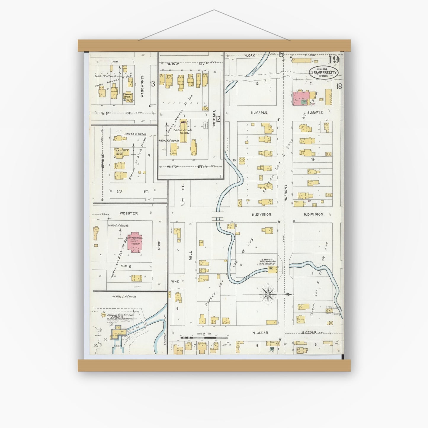 Old map wall art mockup — magnetic wood frame on white wall — Sanborn Fire Insurance Map from Traverse City, Grand Traverse County, Michigan (1904), Sheet #0019