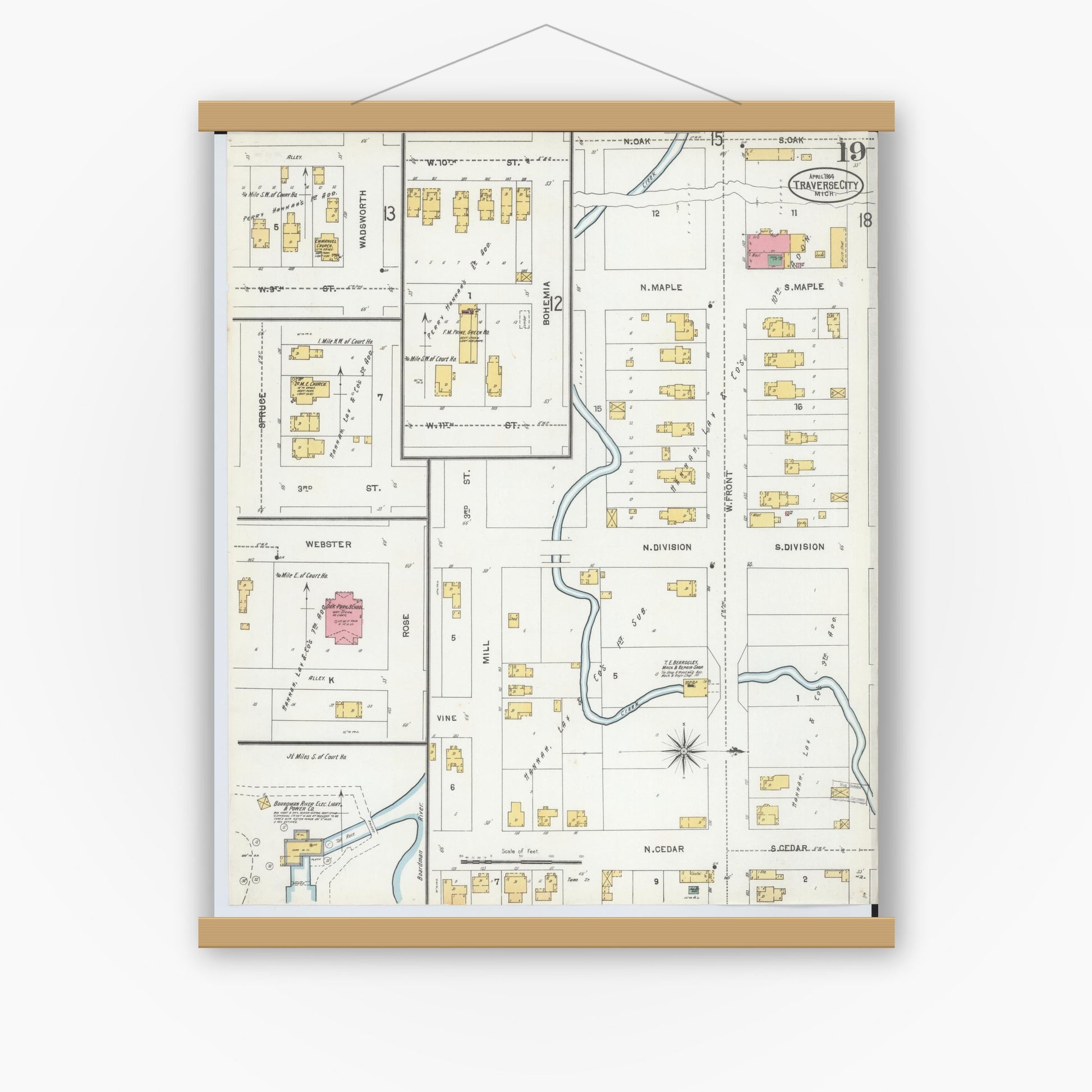 Old map wall art mockup — magnetic wood frame on white wall — Sanborn Fire Insurance Map from Traverse City, Grand Traverse County, Michigan (1904), Sheet #0019