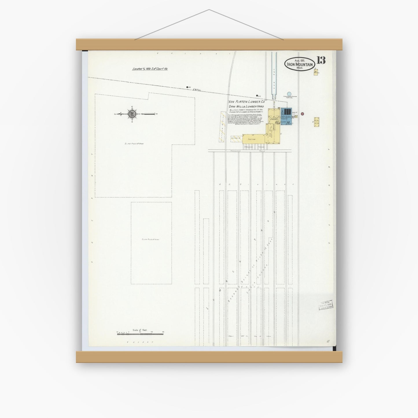 Old map wall art mockup — magnetic wood frame on white wall — Sanborn Fire Insurance Map from Iron Mountain, Dickinson County, Michigan (1911), Sheet #0013
