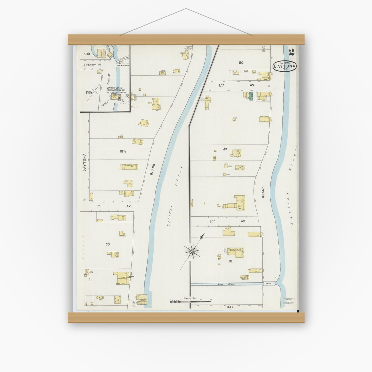 Old map wall art mockup — magnetic wood frame on white wall — Sanborn Fire Insurance Map from Daytona, Volusia County, Florida (1895), Sheet #0002