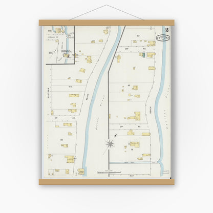 Old map wall art mockup — magnetic wood frame on white wall — Sanborn Fire Insurance Map from Daytona, Volusia County, Florida (1895), Sheet #0002
