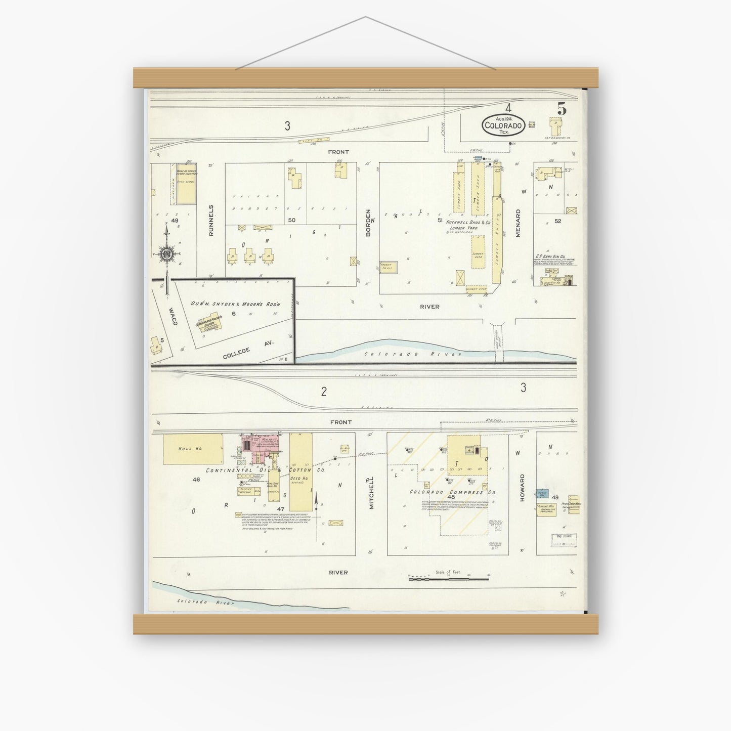 Old map wall art mockup — magnetic wood frame on white wall — Sanborn Fire Insurance Map from Colorado, Mitchell County, Texas (1914), Sheet #0005